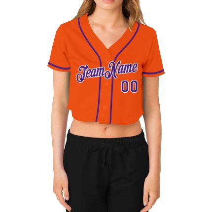 Womens Custom Orange Purple White V-Neck Cropped Baseball Jersey Custom Women's Orange Purple-White V-Neck Cropped Baseball