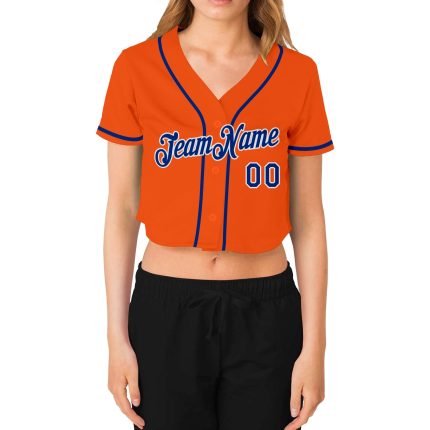 Custom Womens Orange Royal White V-Neck Cropped Baseball Jersey for Stylish Sportswear Custom Women's Orange Royal-White