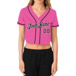 Custom Pink Black White Womens V-Neck Cropped Baseball Jersey Custom Women's Pink Black-White V-Neck Cropped Baseball Jersey