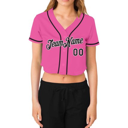 Custom Pink Black White Womens V-Neck Cropped Baseball Jersey Custom Women's Pink Black-White V-Neck Cropped Baseball Jersey