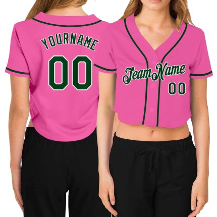 Custom Womens Pink Green White V-Neck Cropped Jersey for Baseball Custom Women's Pink Green-White V-Neck Cropped Baseball
