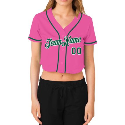Custom Womens Pink Green White V-Neck Cropped Baseball Jersey Custom Women's Pink Kelly Green-White V-Neck Cropped Baseball