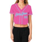 Custom Womens Pink Light Blue White V-Neck Cropped Jersey - Stylish Baseball Apparel for Casual Wear Custom Women's Pink