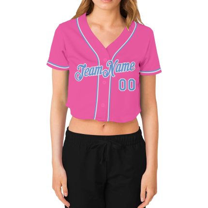 Custom Womens Pink Light Blue White V-Neck Cropped Jersey - Stylish Baseball Apparel for Casual Wear Custom Women's Pink