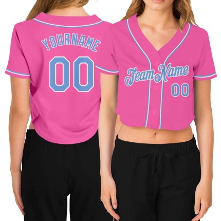 Custom Womens Pink Light Blue White V-Neck Cropped Jersey - Stylish Baseball Apparel for Casual Wear Custom Women's Pink