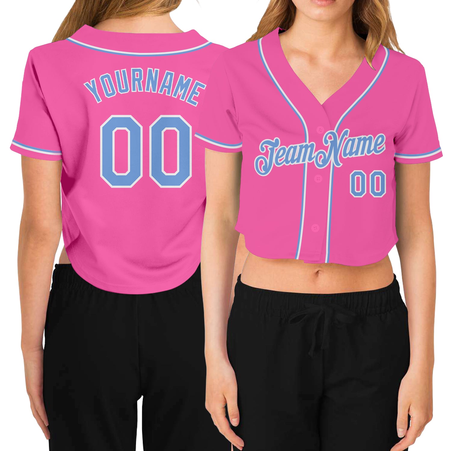Custom Womens Pink Light Blue White V-Neck Cropped Jersey - Stylish Baseball Apparel for Casual Wear Custom Women's Pink