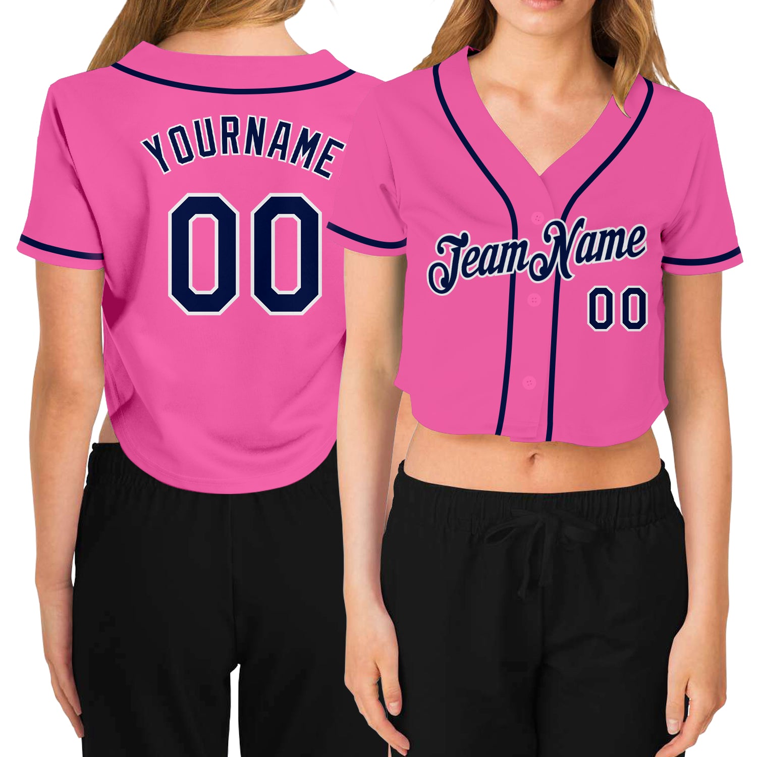 Custom Pink Navy-White Womens V-Neck Cropped Baseball Jersey Custom Women's Pink Navy-White V-Neck Cropped Baseball Jersey