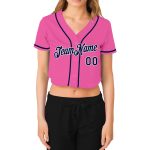 Custom Pink Navy-White Womens V-Neck Cropped Baseball Jersey Custom Women's Pink Navy-White V-Neck Cropped Baseball Jersey