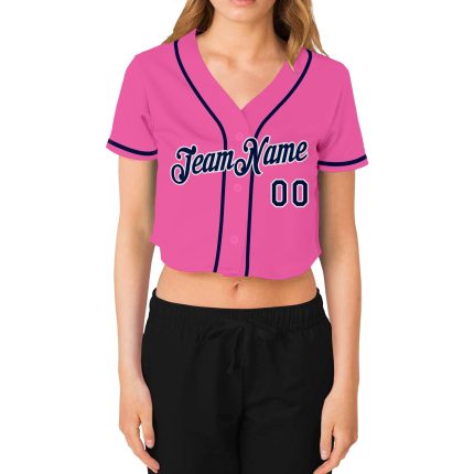 Custom Pink Navy-White Womens V-Neck Cropped Baseball Jersey Custom Women's Pink Navy-White V-Neck Cropped Baseball Jersey