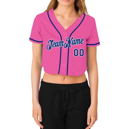 Womens Custom Pink Royal-White V-Neck Cropped Jersey Baseball Top Custom Women's Pink Royal-White V-Neck Cropped Baseball