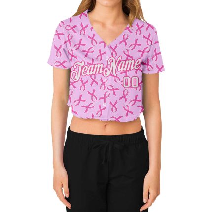 Custom Womens Breast Cancer V-Neck Cropped Pink White 3D Baseball Jersey Custom Women's Pink White Breast Cancer 3D V-Neck