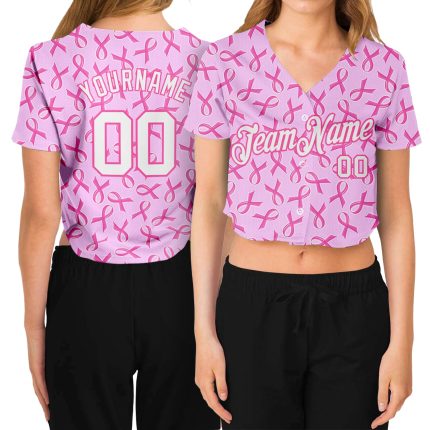 Custom Womens Breast Cancer V-Neck Cropped Pink White 3D Baseball Jersey Custom Women's Pink White Breast Cancer 3D V-Neck