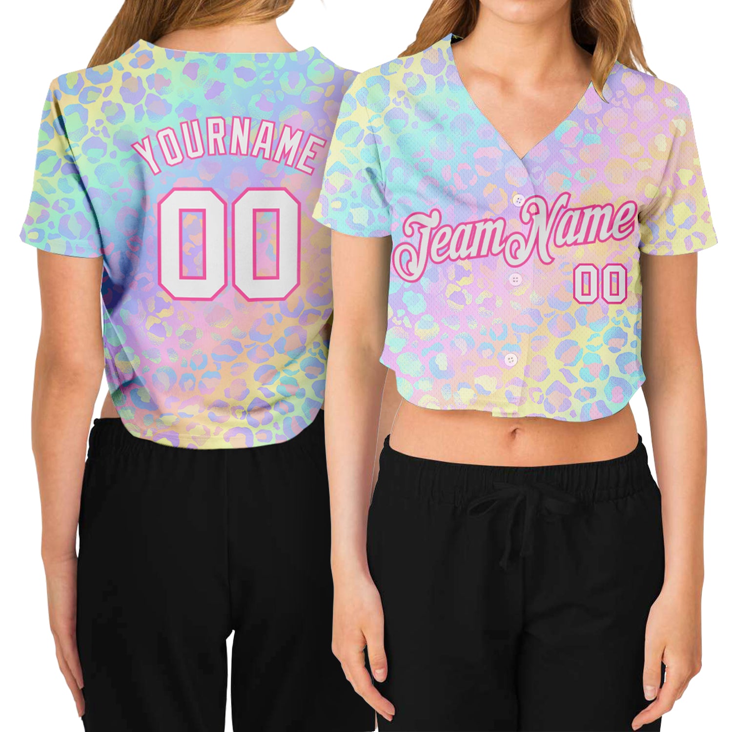 Custom Womens 3D V-Neck Cropped Baseball Jersey Pink Leopard Print Custom Women's Pink White Leopard 3D V-Neck Cropped Baseball