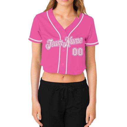 Womens Custom Pink White V-Neck Cropped Baseball Jersey - Stylish Sports Apparel Custom Women's Pink White V-Neck Cropped