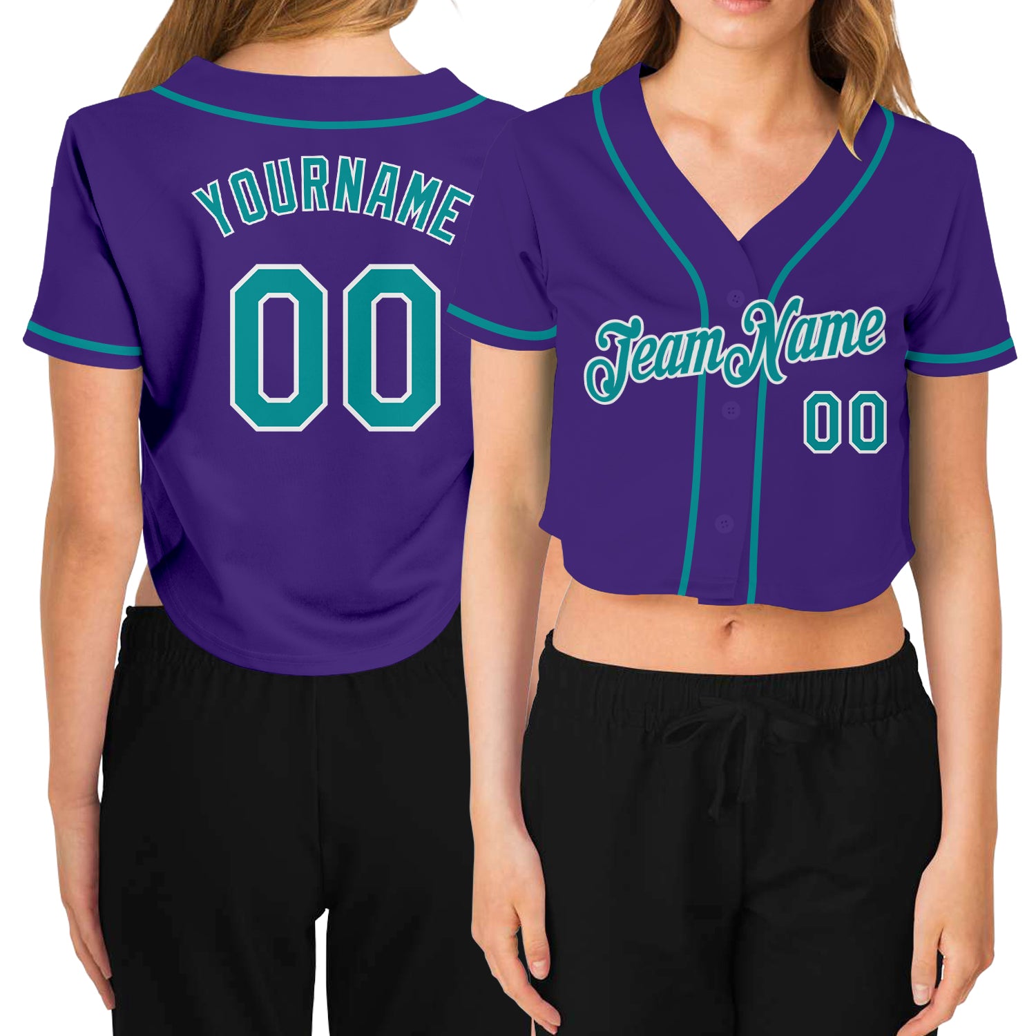 Custom Women's Purple Aqua-White V-Neck Cropped Baseball Jersey Custom Womens Purple Aqua V-Neck Cropped Baseball Jersey Custom Women's Purple Aqua-White V-Neck Cropped Baseball Jersey