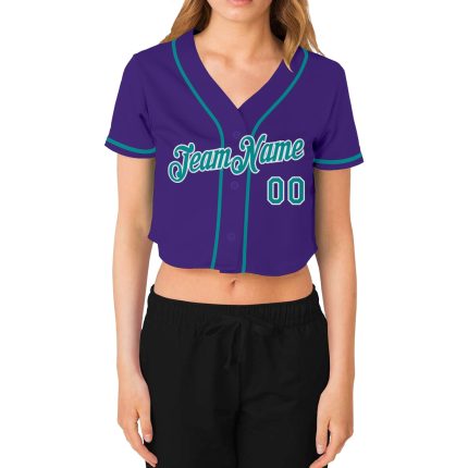 Custom Womens Purple Aqua V-Neck Cropped Baseball Jersey Custom Women's Purple Aqua-White V-Neck Cropped Baseball Jersey