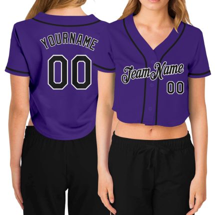 Custom Purple Black White V-Neck Cropped Baseball Jersey for Women Custom Women's Purple Black-White V-Neck Cropped Baseball