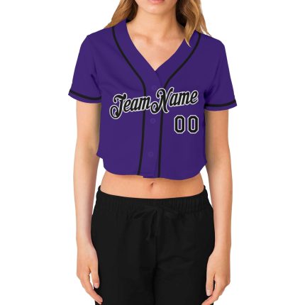Custom Purple Black White V-Neck Cropped Baseball Jersey for Women Custom Women's Purple Black-White V-Neck Cropped Baseball