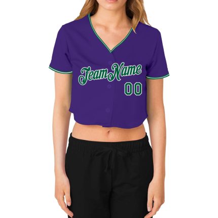 Custom Womens V-Neck Baseball Jersey in Purple Kelly Green and White, Cropped Style Custom Women's Purple Kelly Green-White