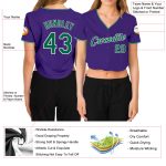 Custom Womens V-Neck Baseball Jersey in Purple Kelly Green and White, Cropped Style Custom Women's Purple Kelly Green-White