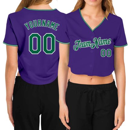 Custom Womens V-Neck Baseball Jersey in Purple Kelly Green and White, Cropped Style Custom Women's Purple Kelly Green-White