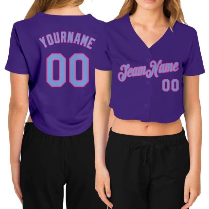 Custom Womens Purple Light Blue Pink V-Neck Cropped Jersey for Baseball Custom Women's Purple Light Blue-Pink V-Neck Cropped