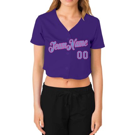 Custom Womens Purple Light Blue Pink V-Neck Cropped Jersey for Baseball Custom Women's Purple Light Blue-Pink V-Neck Cropped