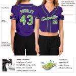 Custom Womens V-Neck Cropped Baseball Jersey in Purple Neon Green and White Custom Women's Purple Neon Green-White V-Neck