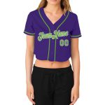 Custom Womens V-Neck Cropped Baseball Jersey in Purple Neon Green and White Custom Women's Purple Neon Green-White V-Neck