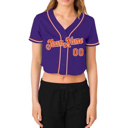 Womens Custom Purple Orange White V-Neck Cropped Baseball Jersey Custom Women's Purple Orange-White V-Neck Cropped Baseball