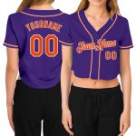 Womens Custom Purple Orange White V-Neck Cropped Baseball Jersey Custom Women's Purple Orange-White V-Neck Cropped Baseball