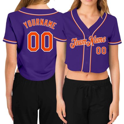Womens Custom Purple Orange White V-Neck Cropped Baseball Jersey Custom Women's Purple Orange-White V-Neck Cropped Baseball