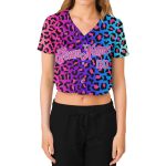 Custom Womens Leopard 3D V-Neck Cropped Baseball Jersey - Purple Pink Light Blue Design Custom Women's Purple Pink-Light