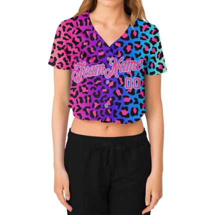 Custom Womens Leopard 3D V-Neck Cropped Baseball Jersey - Purple Pink Light Blue Design Custom Women's Purple Pink-Light