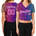 Custom Womens Leopard 3D V-Neck Cropped Baseball Jersey - Purple Pink Light Blue Design Custom Women's Purple Pink-Light
