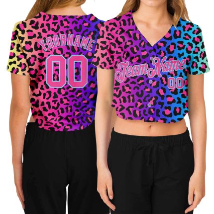 Custom Womens Leopard 3D V-Neck Cropped Baseball Jersey - Purple Pink Light Blue Design Custom Women's Purple Pink-Light
