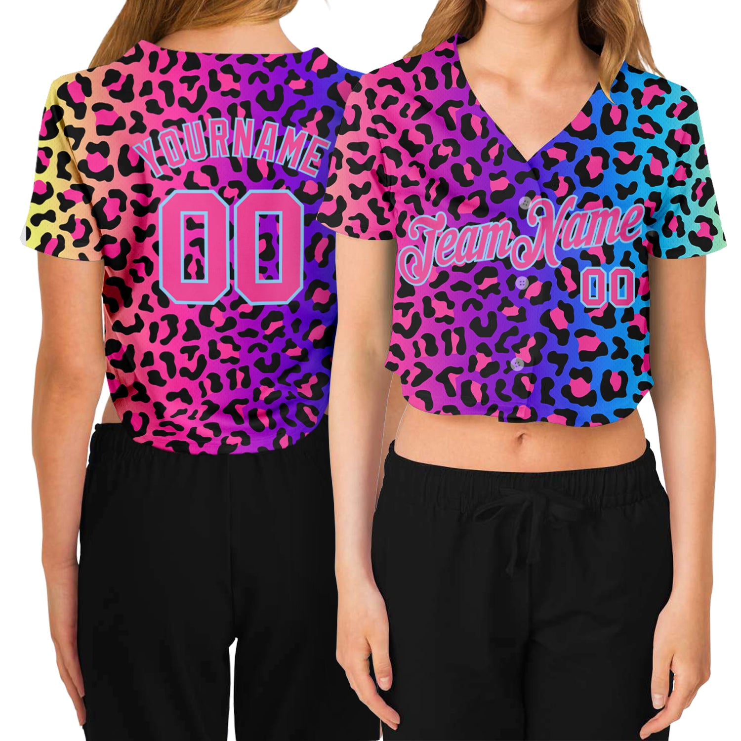 Custom Womens Leopard 3D V-Neck Cropped Baseball Jersey - Purple Pink Light Blue Design Custom Women's Purple Pink-Light