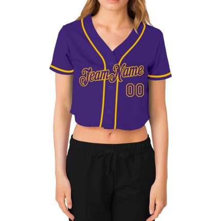 Custom Womens Purple and Gold V-Neck Cropped Baseball Jersey Custom Women's Purple Purple-Gold V-Neck Cropped Baseball Jersey