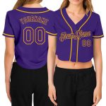 Custom Womens Purple and Gold V-Neck Cropped Baseball Jersey Custom Women's Purple Purple-Gold V-Neck Cropped Baseball Jersey