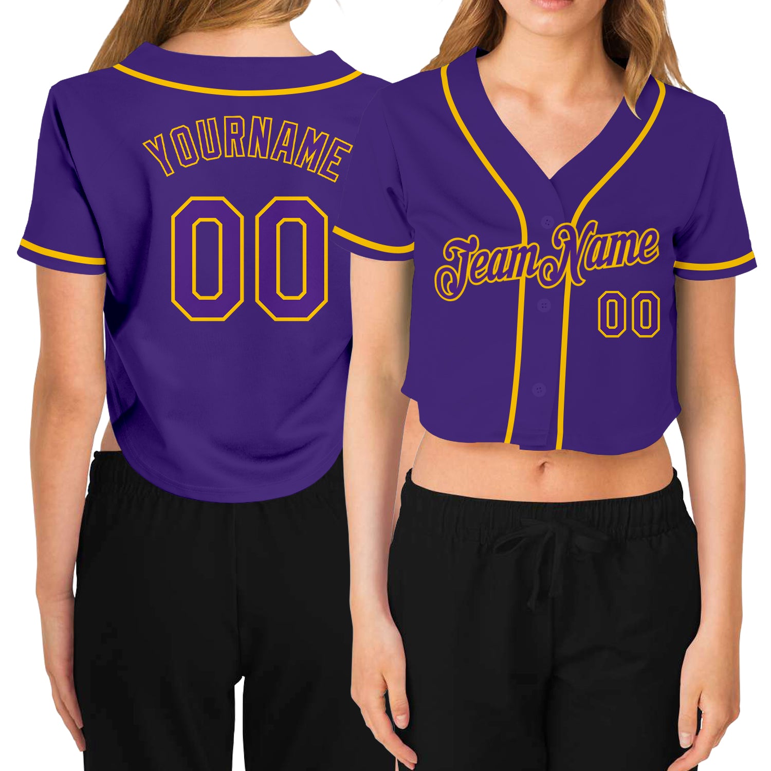 Custom Womens Purple and Gold V-Neck Cropped Baseball Jersey Custom Women's Purple Purple-Gold V-Neck Cropped Baseball Jersey