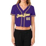 Custom Womens Purple White Gold V-Neck Cropped Jersey for Baseball Custom Women's Purple White-Gold V-Neck Cropped Baseball