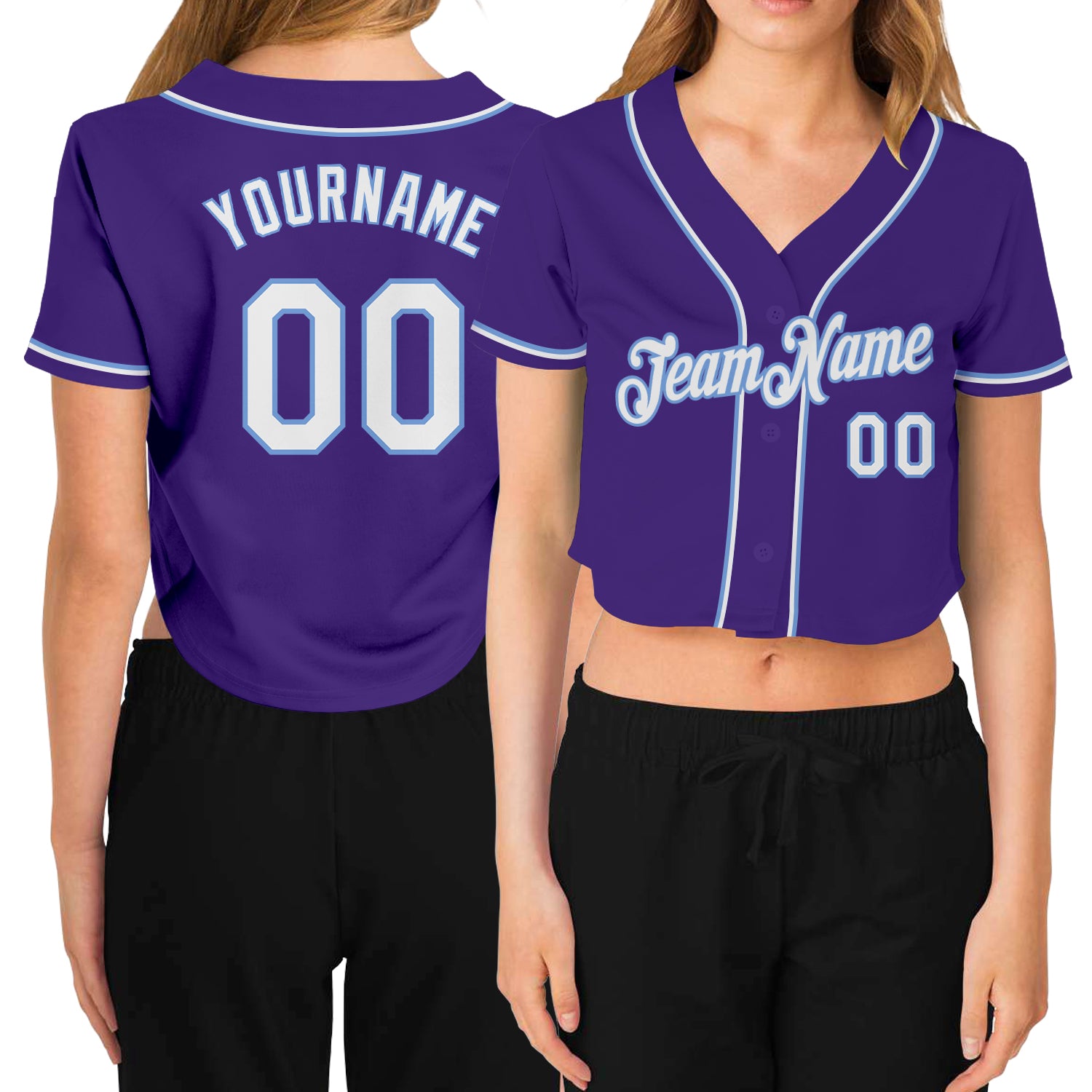 Custom Womens V-Neck Cropped Baseball Jersey in Purple and Light Blue Custom Women's Purple White-Light Blue V-Neck Cropped