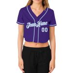 Custom Womens V-Neck Cropped Baseball Jersey in Purple and Light Blue Custom Women's Purple White-Light Blue V-Neck Cropped