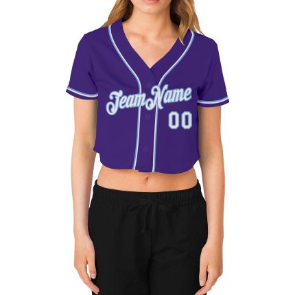 Custom Womens V-Neck Cropped Baseball Jersey in Purple and Light Blue Custom Women's Purple White-Light Blue V-Neck Cropped