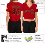 Womens Custom Red Black Old Gold V-Neck Cropped Baseball Jersey Custom Women's Red Black-Old Gold V-Neck Cropped Baseball