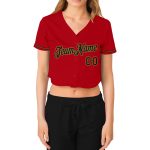 Womens Custom Red Black Old Gold V-Neck Cropped Baseball Jersey Custom Women's Red Black-Old Gold V-Neck Cropped Baseball