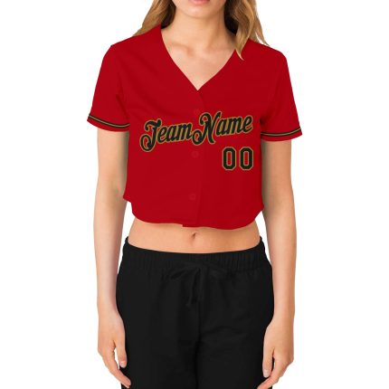 Womens Custom Red Black Old Gold V-Neck Cropped Baseball Jersey Custom Women's Red Black-Old Gold V-Neck Cropped Baseball