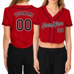 Custom Womens Red Black White V-Neck Baseball Jersey - Cropped Design for Comfort and Style Custom Women's Red Black-White