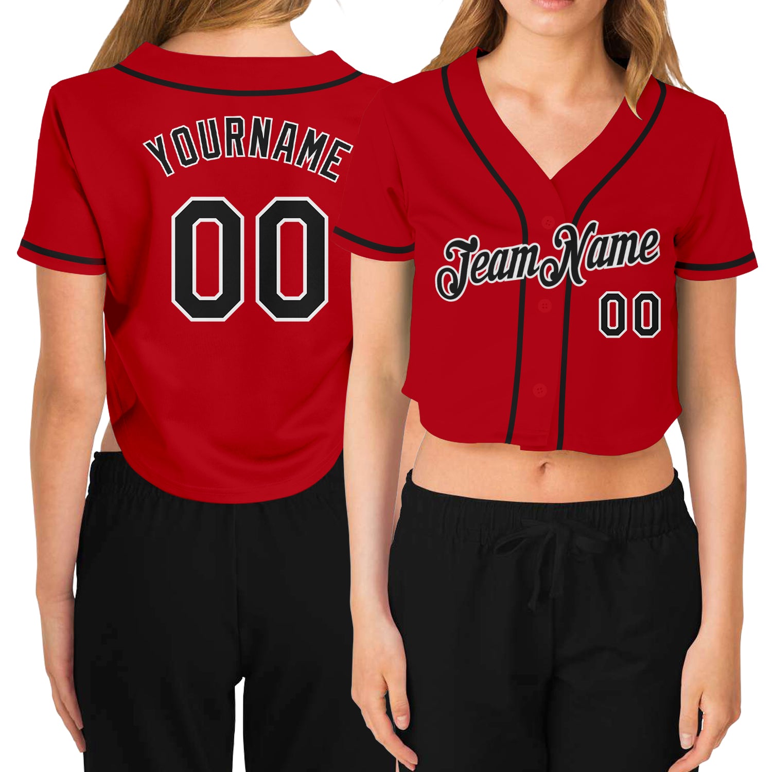 Custom Womens Red Black White V-Neck Baseball Jersey - Cropped Design for Comfort and Style Custom Women's Red Black-White