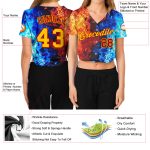 Custom Womens 3D V-Neck Cropped Baseball Jersey - Red Gold Royal-Light Blue Flame Design Custom Women's Red Gold Royal-Light